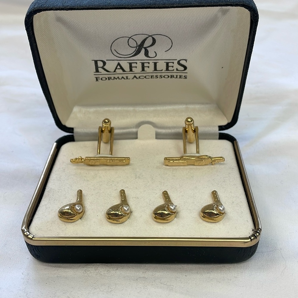 Golf Clubs Cufflinks and Studs Set Gold Plate Finish